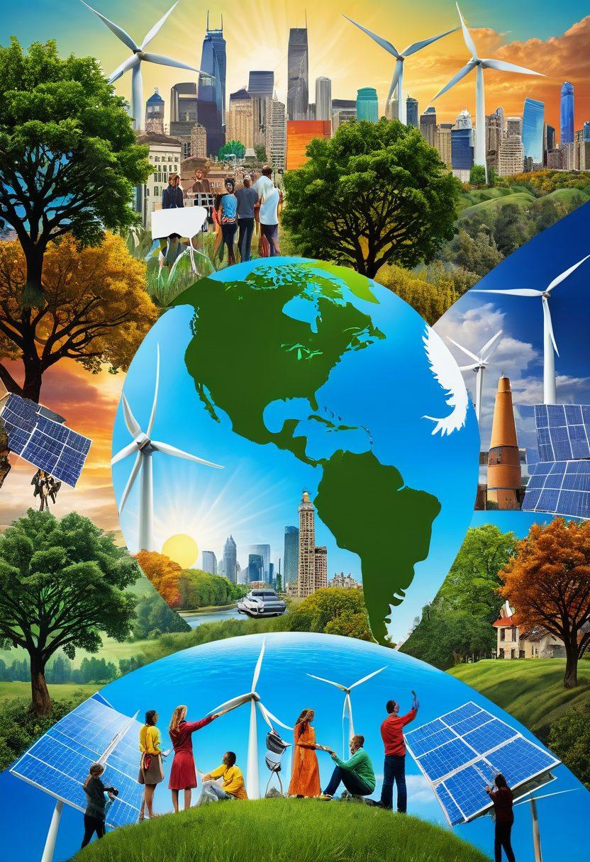 A vivid collage showcasing diverse innovative approaches to social impact: people advocating for human rights, renewable energy sources, eco-friendly technologies, and community-driven projects. The background should blend elements of nature and urban landscapes, symbolizing harmony and progress. super-realistic. vibrant colors. dynamic composition.