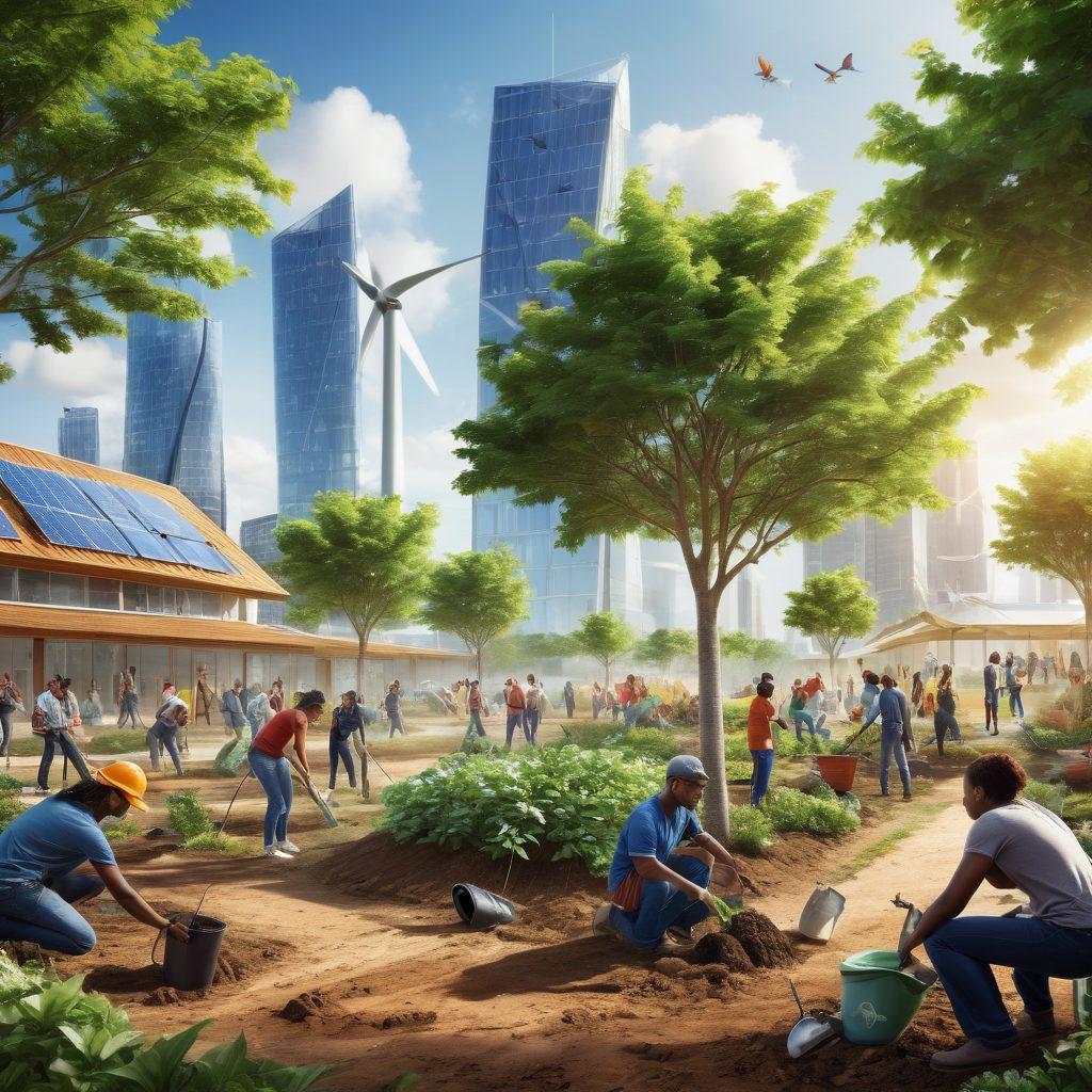 A vibrant community scene where diverse people are collaborating on eco-friendly projects: planting trees, recycling, and installing solar panels. In the background, a skyline of green buildings and wind turbines highlight a sustainable future. The atmosphere is hopeful and energetic. super-realistic. vibrant colors. white background.